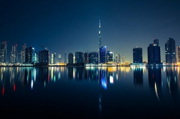 Dubai view with Burj Khalifa at night