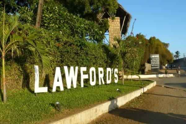 A sign of Lawford Hotel in Malindi, Kenya