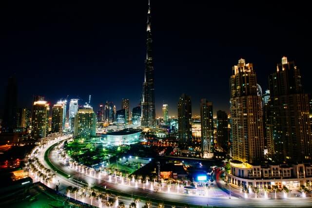 View of Burj Khalifa in Dubai at night