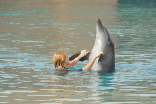 Swimming with dolphin in Atlantis Aquaventure, Dubai A person swimming with a dolphin at Atlantis The Palm in Dubai, holding onto the dolphin’s fins as it rises upright in the water. The calm water reflects the soft colors of the sky and surroundings.