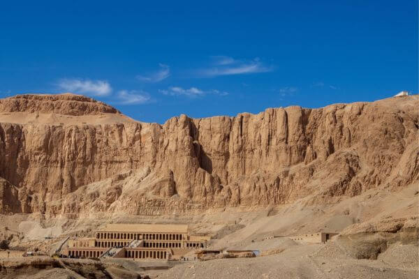 The Temple of Hatshepsut built into the base of a cliff in Luxor, Egypt.