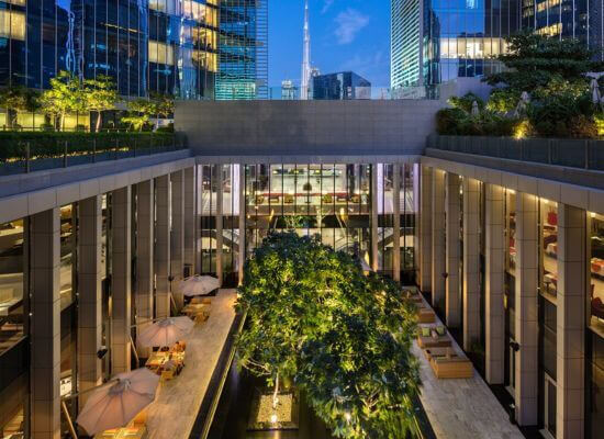 Anantara Downtown Dubai, restaurant courtyard at night A view of the Anantara Downtown Dubai courtyard at night with outdoor dining tables, umbrellas, and a tree lit up in the center, surrounded by tall glass buildings and view of the Burj Khalifa.