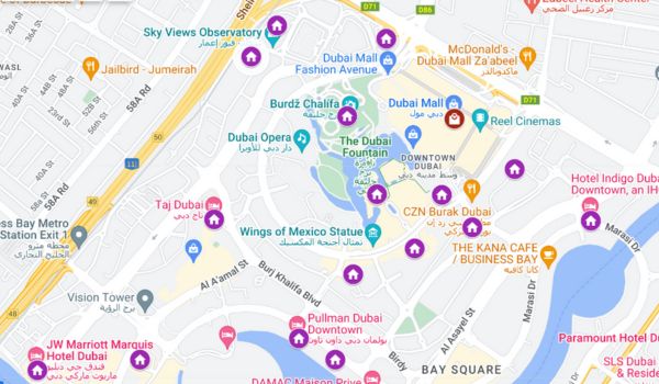 Hotels near Dubai Mall, a map