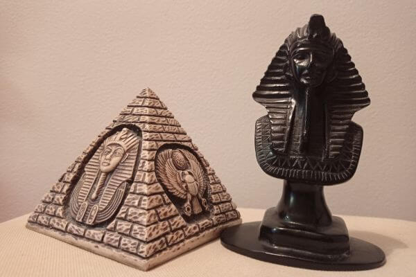 Sculptures of pyramid and Tutankhamun from Egypt