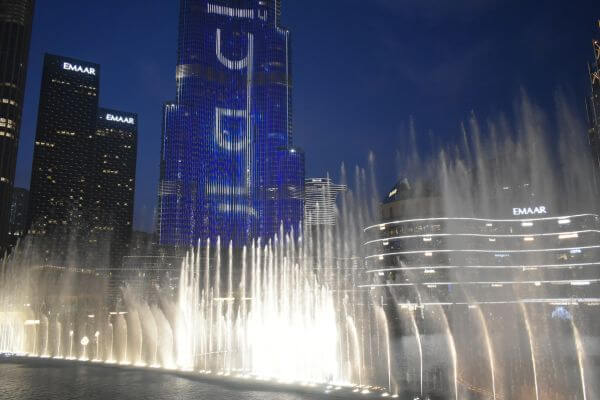 View of Dubai Fountain and Burj Khalifa from Souk al Bahar