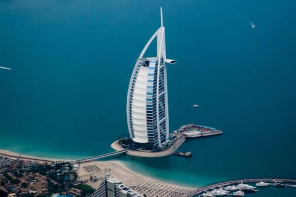 Burj Al Arab Hotel with infinity pool in the background facing the sea