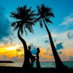 A couple standing on the beach between two palm trees