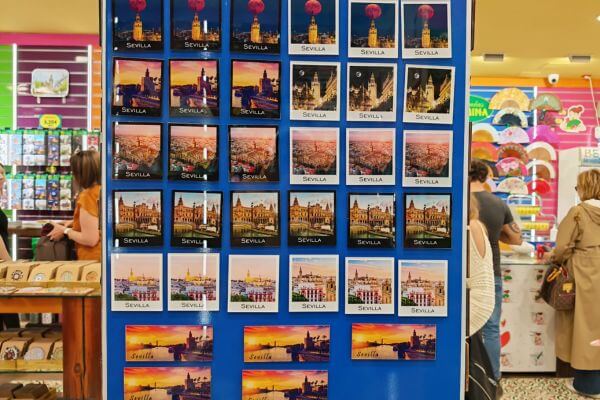 Andalusia, Fridge Magnets A display board of Seville fridge magnets in a souvenir shop in Seville, Andalusia, showing photos of the city's landmarks and skyline.
