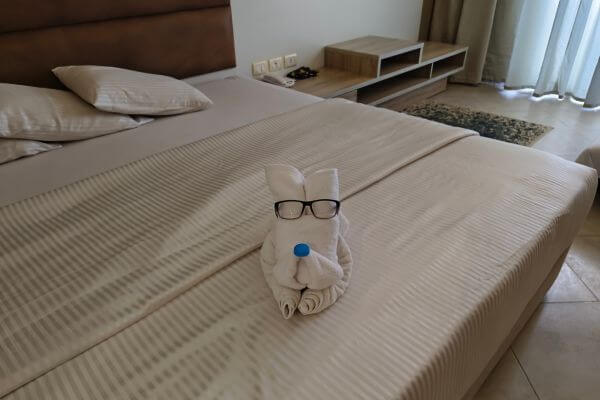 Double room at Titanic Royal A double room at Titanic Royal Resort in Hurghada, Egypt, with a towel animal decoration on the bed.