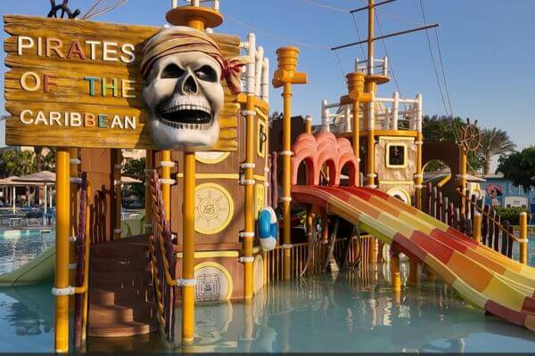 Kids pool at Titanic Royal A Pirates of the Caribbean themed kids pool with water slides at Titanic Royal Resort in Hurghada, Egypt.
